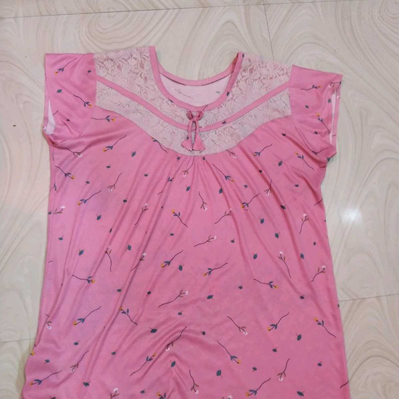 Pink Floral Print Nightgown with Lace Detail