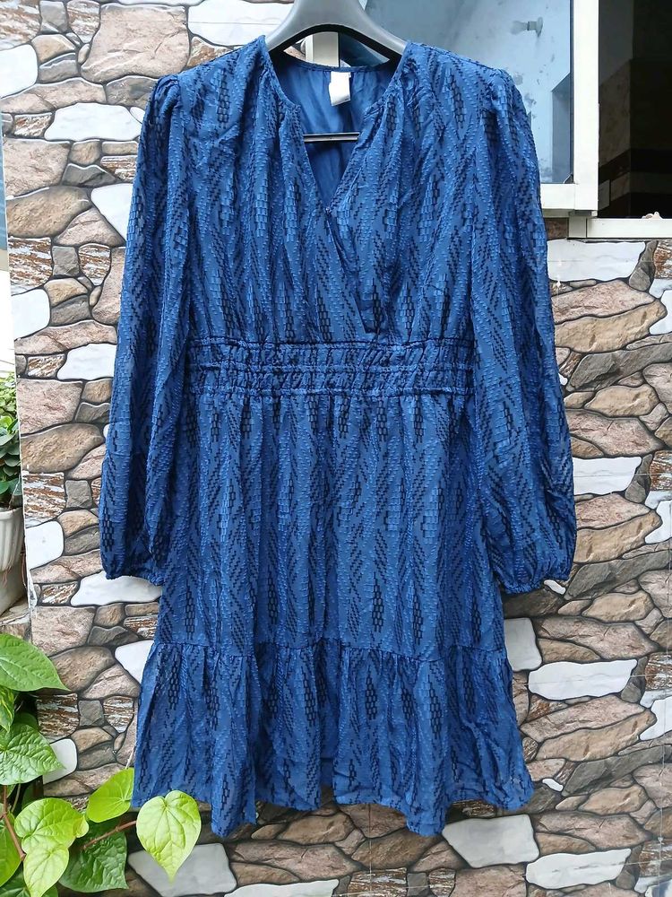 Blue Textured V-Neck Dress