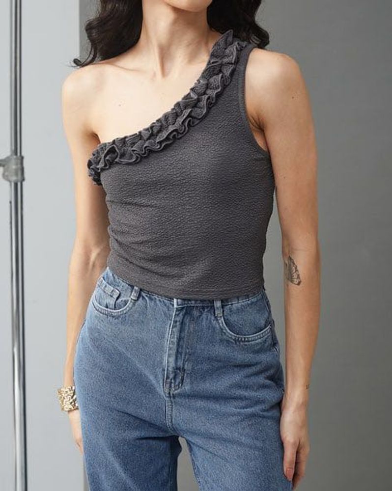 SHEIN Gray One-Shoulder Ruffle Top