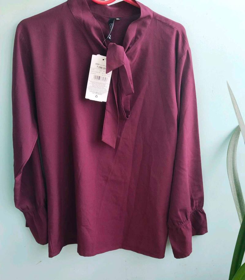 Shein Burgundy Bow Tie Neck Blouse