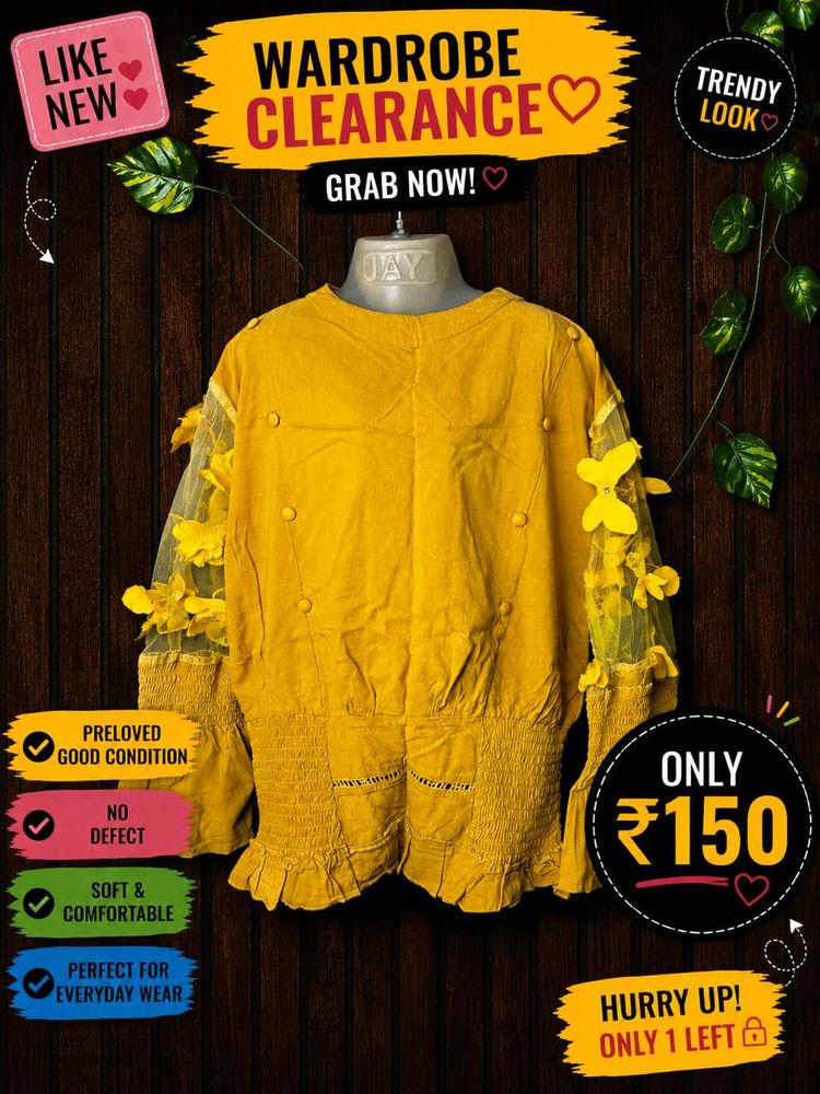 Yellow Kurti with Floral Sleeves