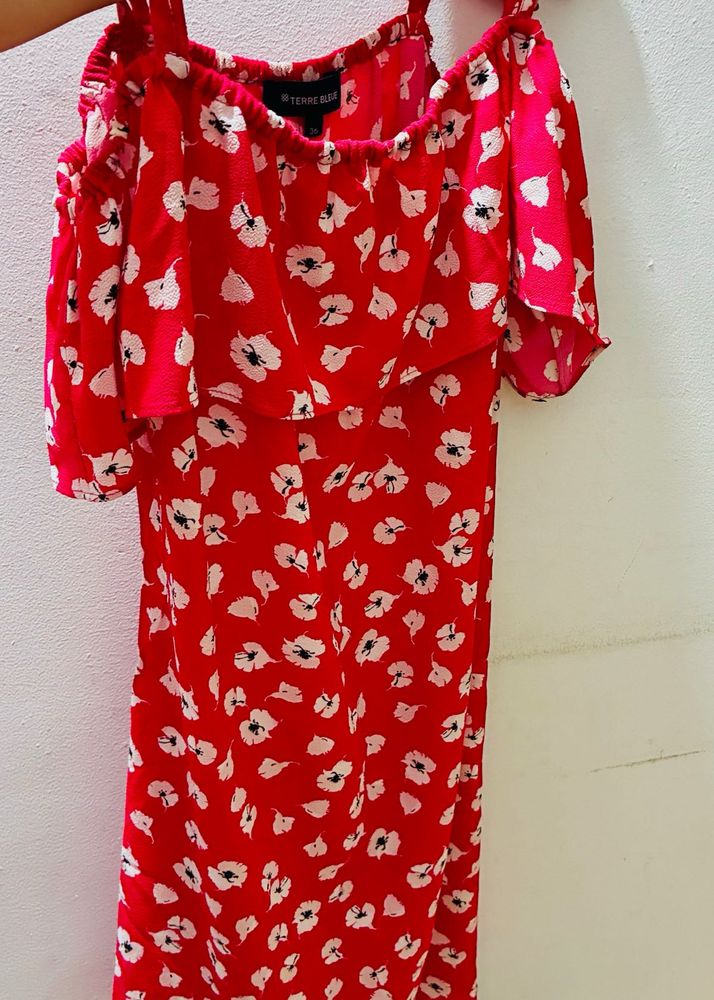 Hot rose Floral Cold Shoulder Dress