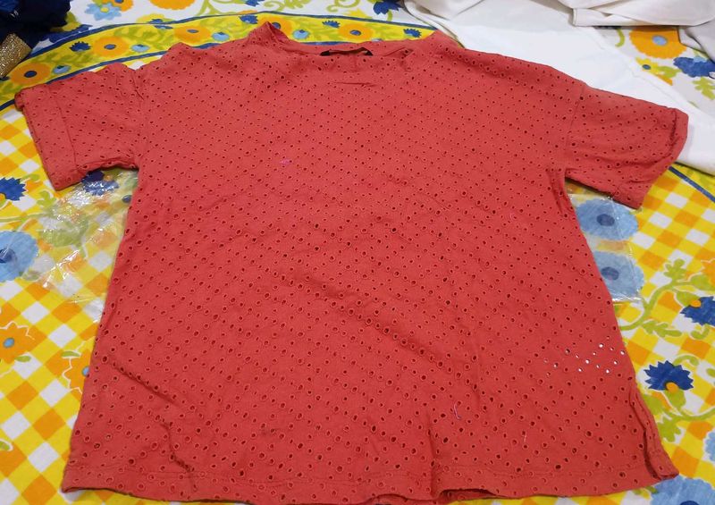 Chic Coral Eyelet T-Shirt