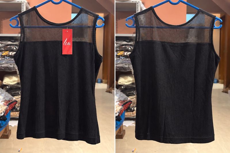 Sheer Neckline Ribbed Sleeveless Top