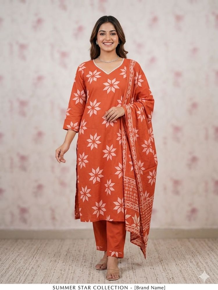 Orange Floral Kurta Set with Dupatta.