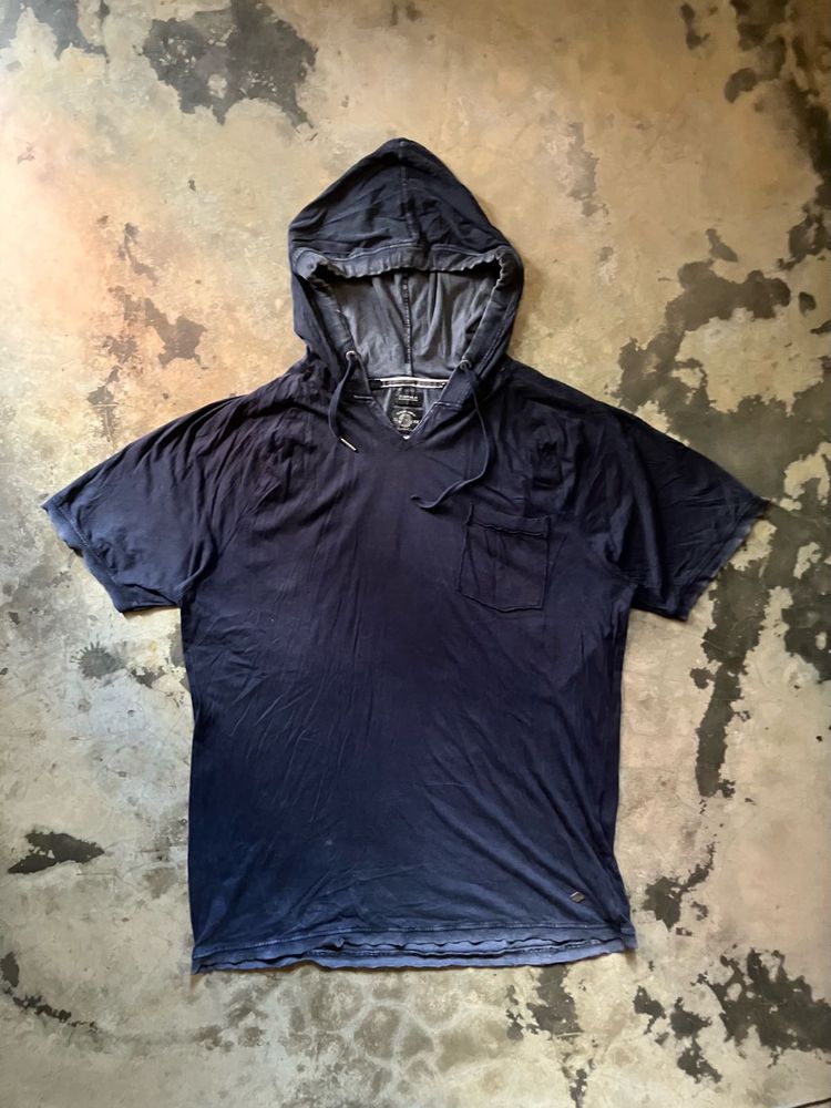 Men's Navy Blue V-Neck Hoodie T-Shirt