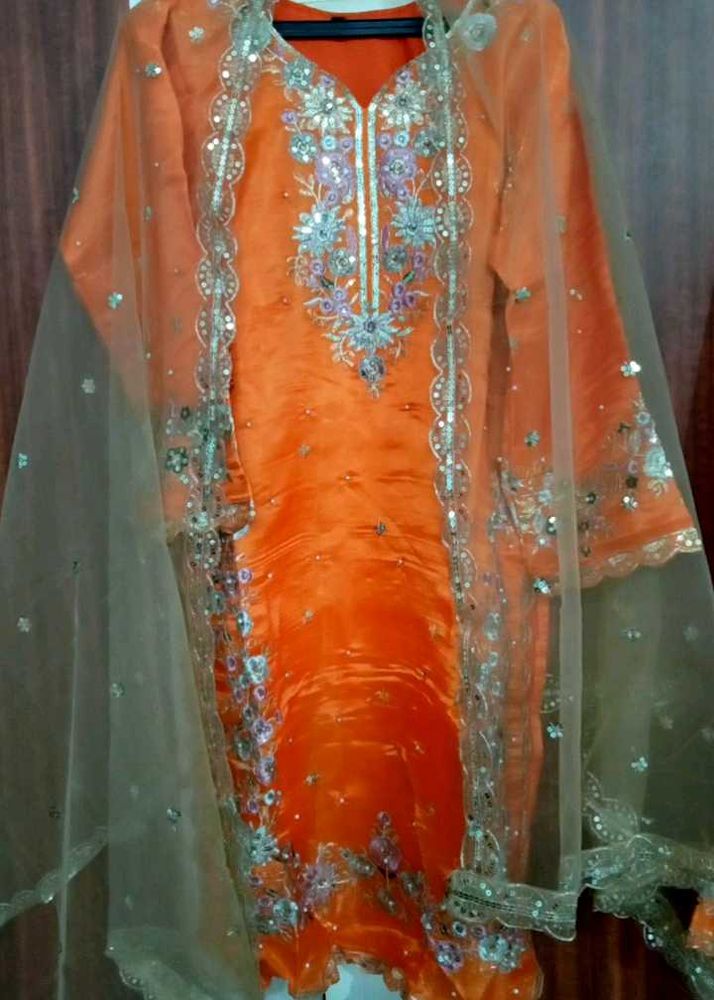 Embroidered orange Kurta with plazo and dupatta