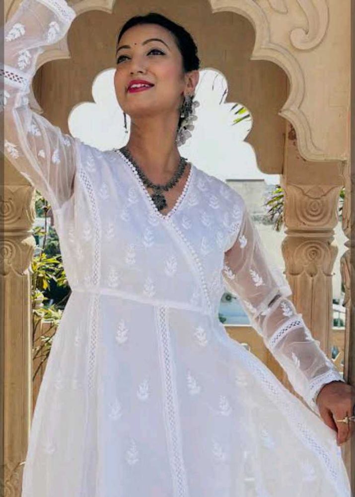 Branded White Organza Chikankari anarkali Kurta