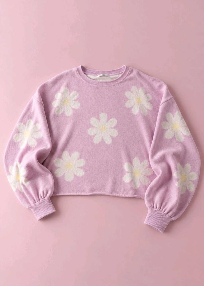 PINK DAISY PRINT CROPPED SWEATSHIRT