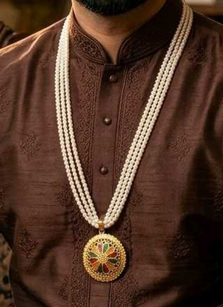 Men's Faux Pearl Necklace with Gold Plated Pendant