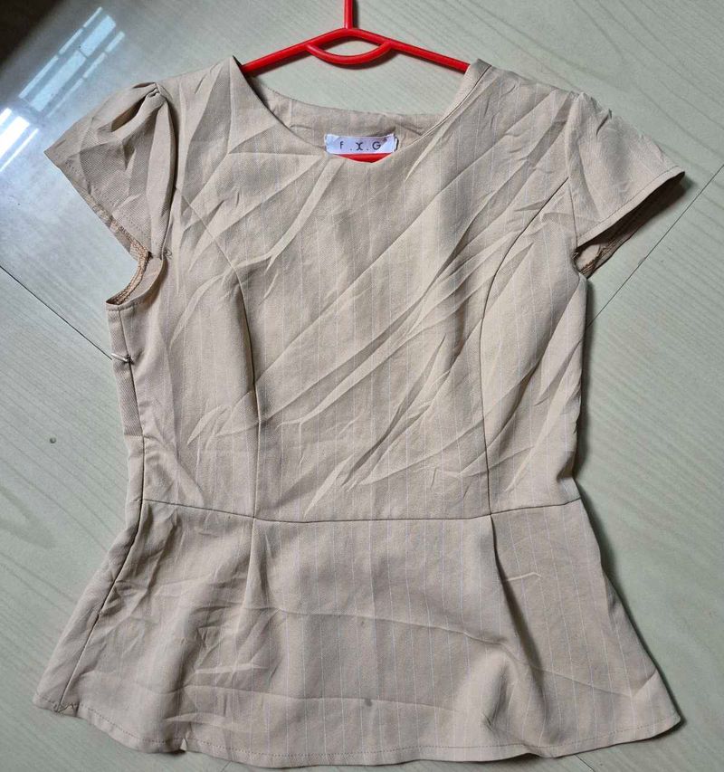 Beige Pinstripe Peplum Top for Women
