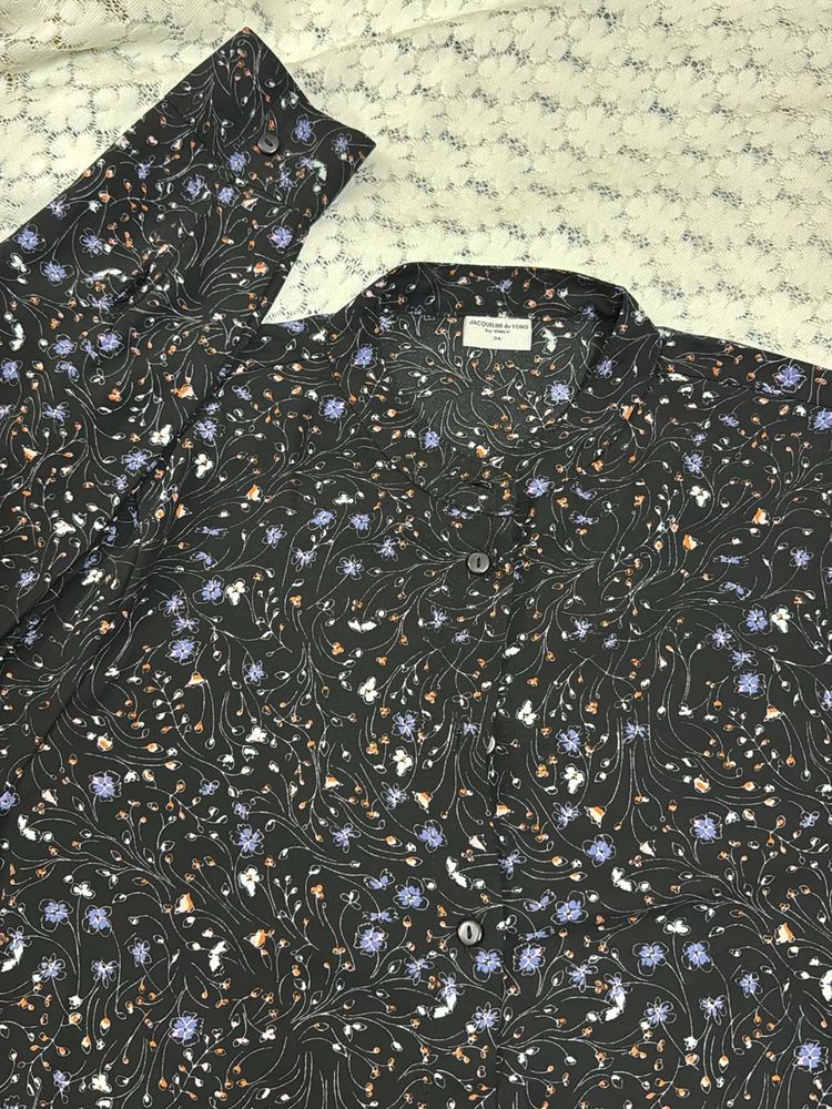 Black Floral Print Button-Up Long Shirt