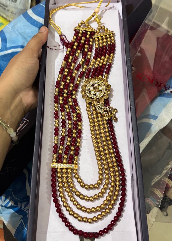 Exquisite Maroon &amp; Gold Beaded Necklace Set
