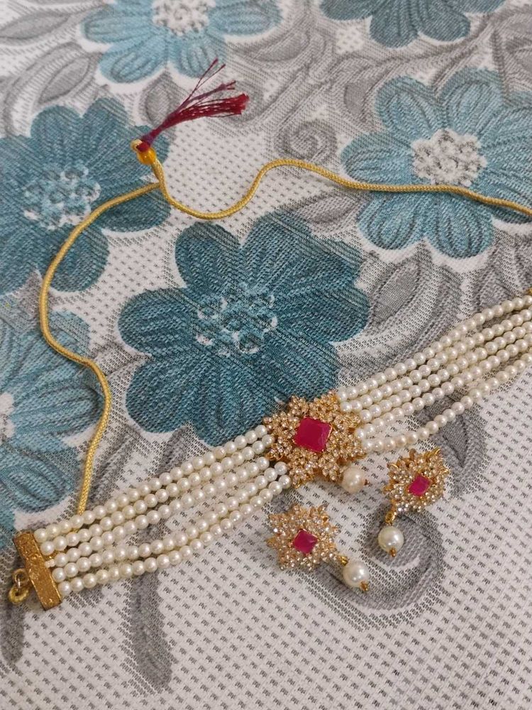 Elegant Pearl &amp; Ruby Choker Set combo of 2