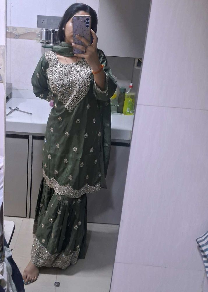 Elegant Olive Kurta Set with Sharara