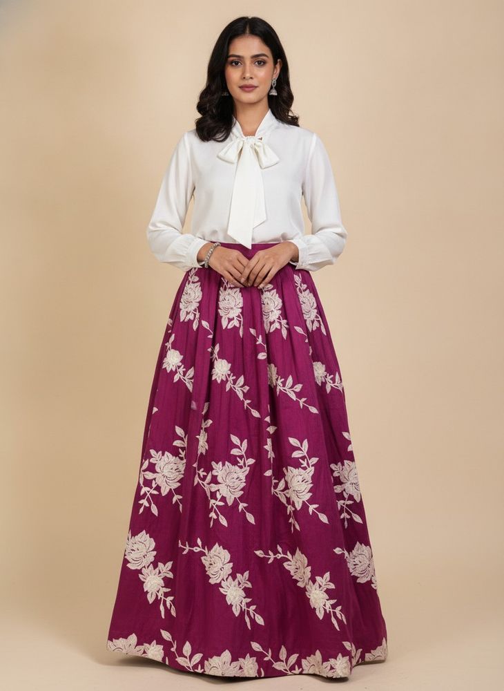 Elegant White Top &amp; Magenta Skirt Set