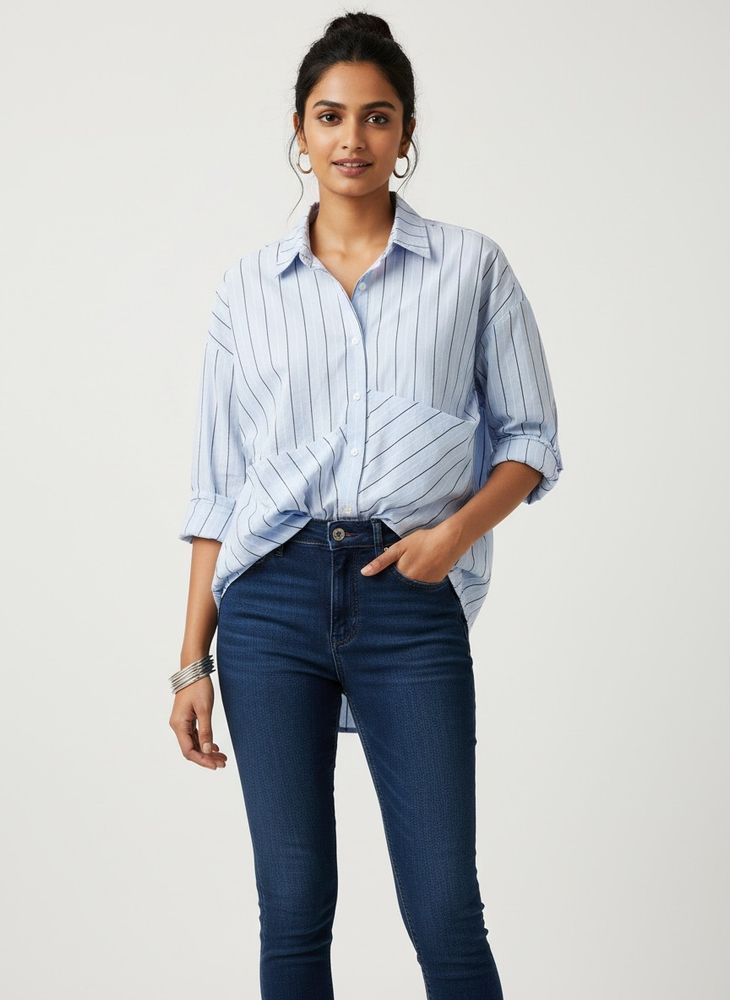 Fashionable Stripped Blue Long Shirt