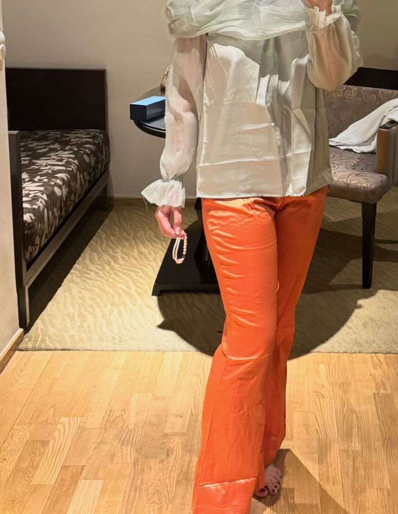 Chic Orange Flare Pants with Satin finish