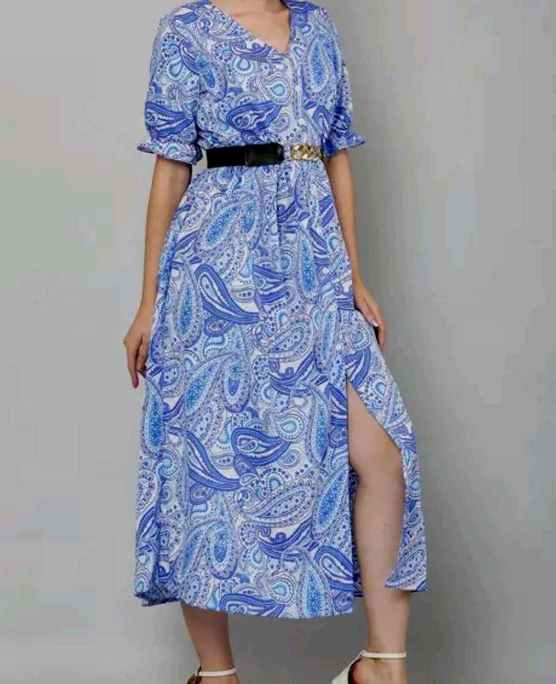Stylish Blue Paisley Print Midi Dress