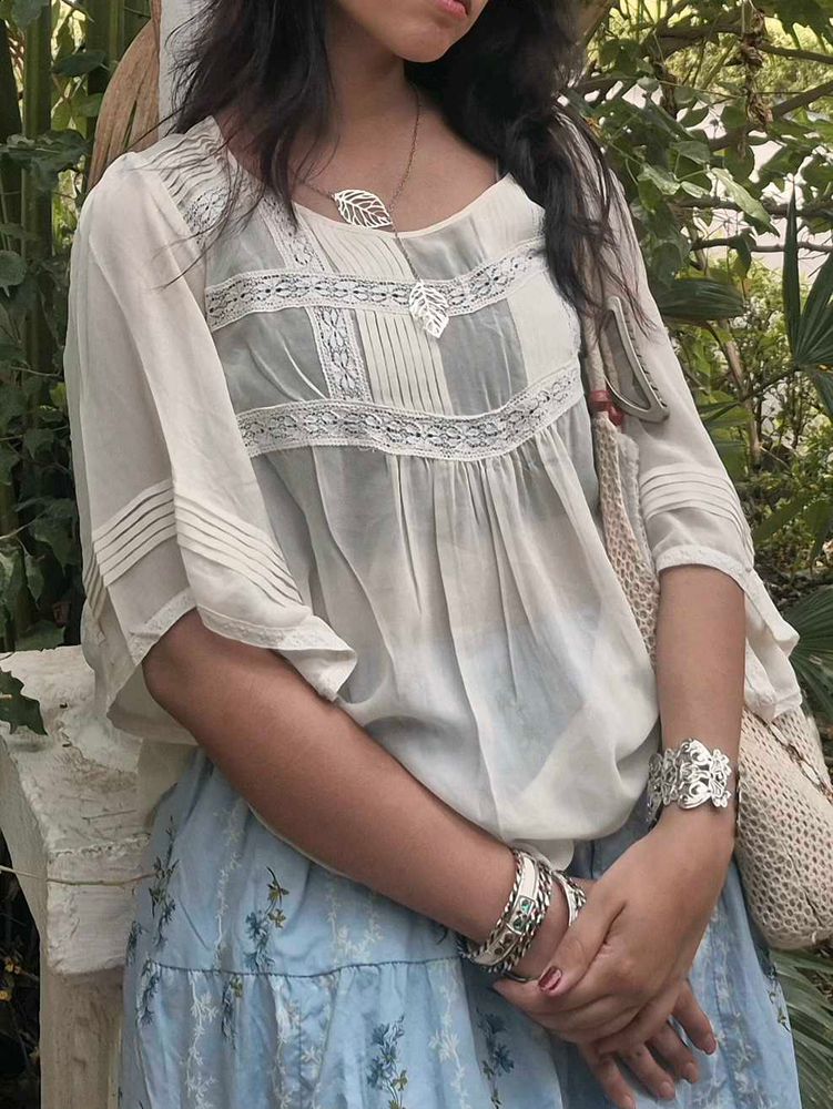 Boho Off-White Lace Trim Blouse