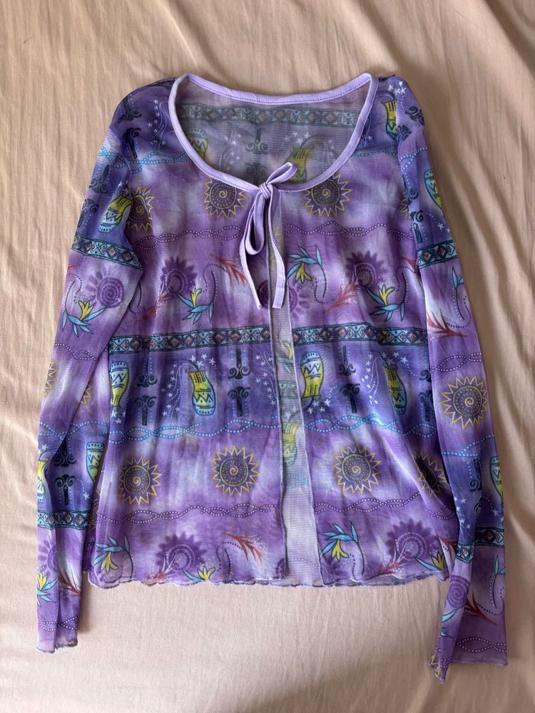 Sheer Purple Tie-Front Boho Blouse shrug