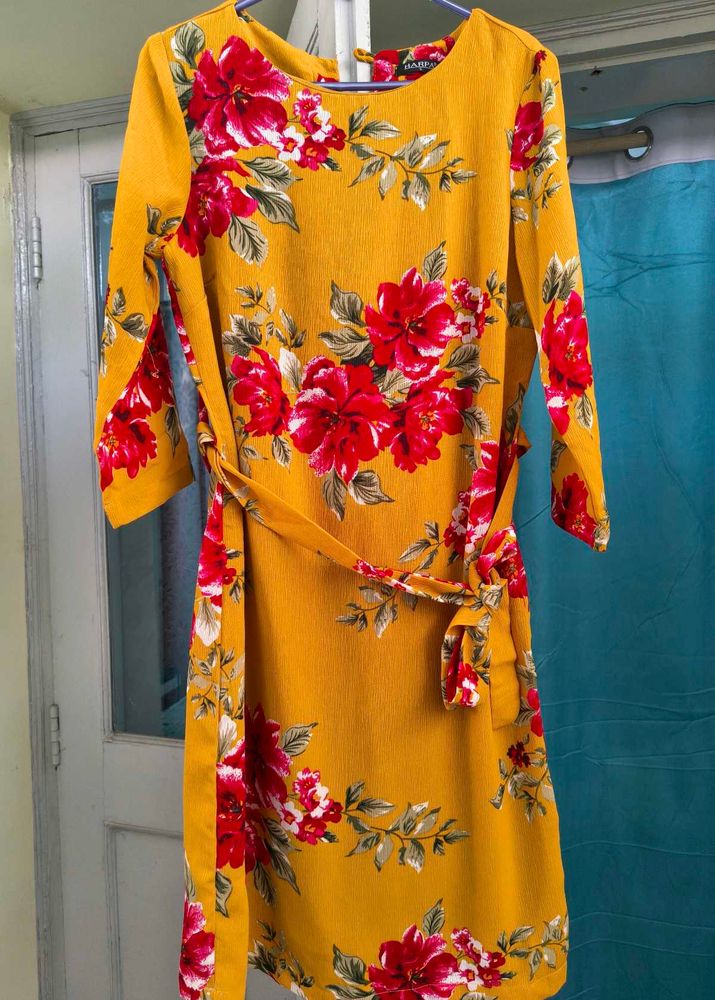 Vibrant Floral Print Yellow Midi Dress