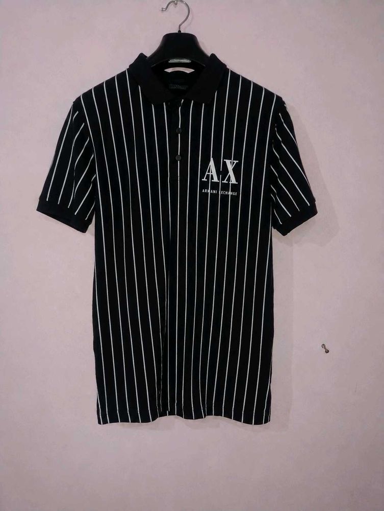 Black &amp; White Striped AX Polo T-Shirt | Men’s