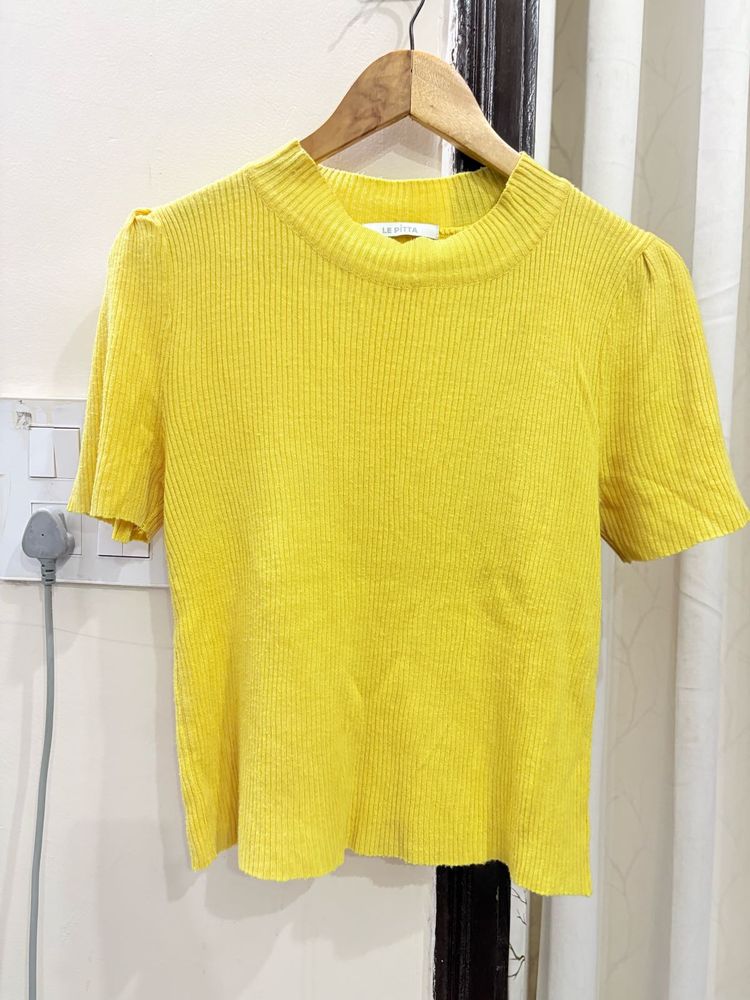 Bright Yellow Ribbed Short Sleeve Top