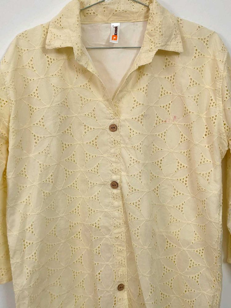 Light Yellow Eyelet Button-Up Top