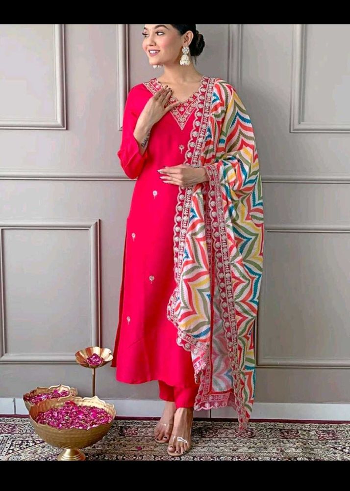Cotton silk kurta pant set with dupatta
