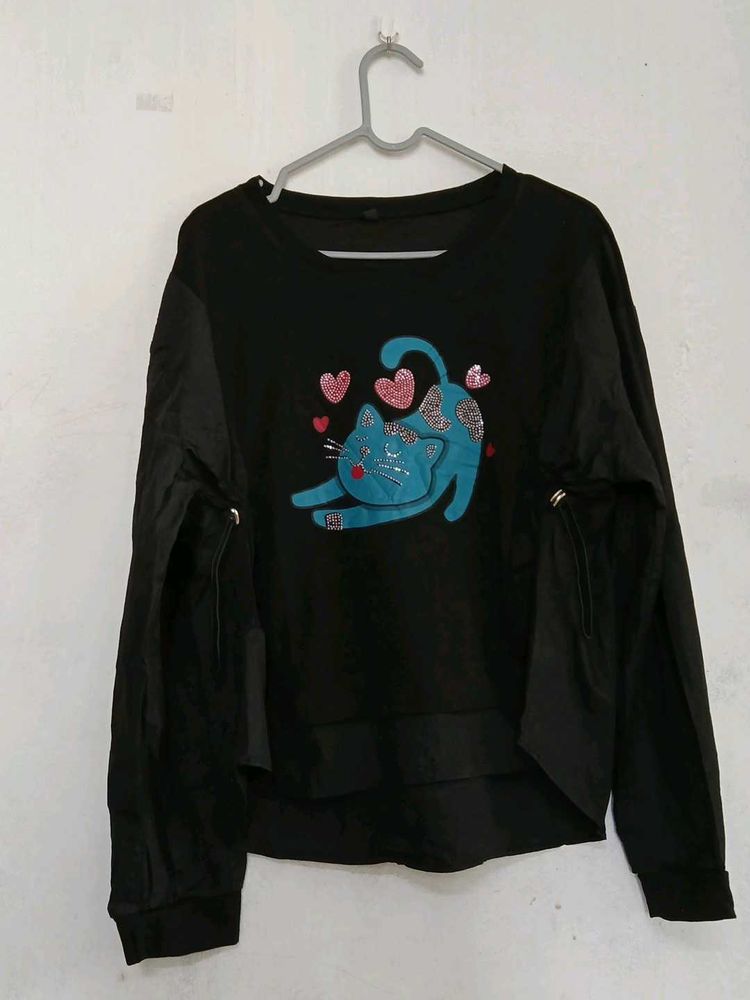Cute Blue Cat Black Long Sleeve Top