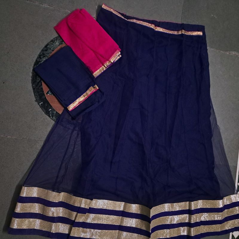 Navy Blue Net Lahenga (Unstitched)