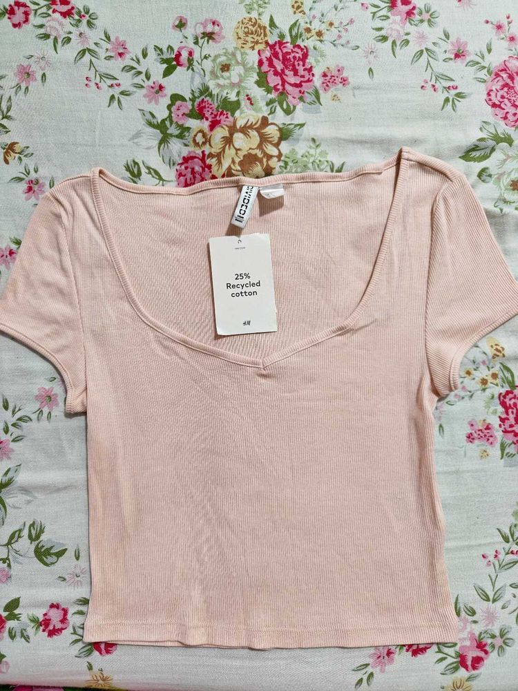 H&amp;M Pink Ribbed Cropped Top