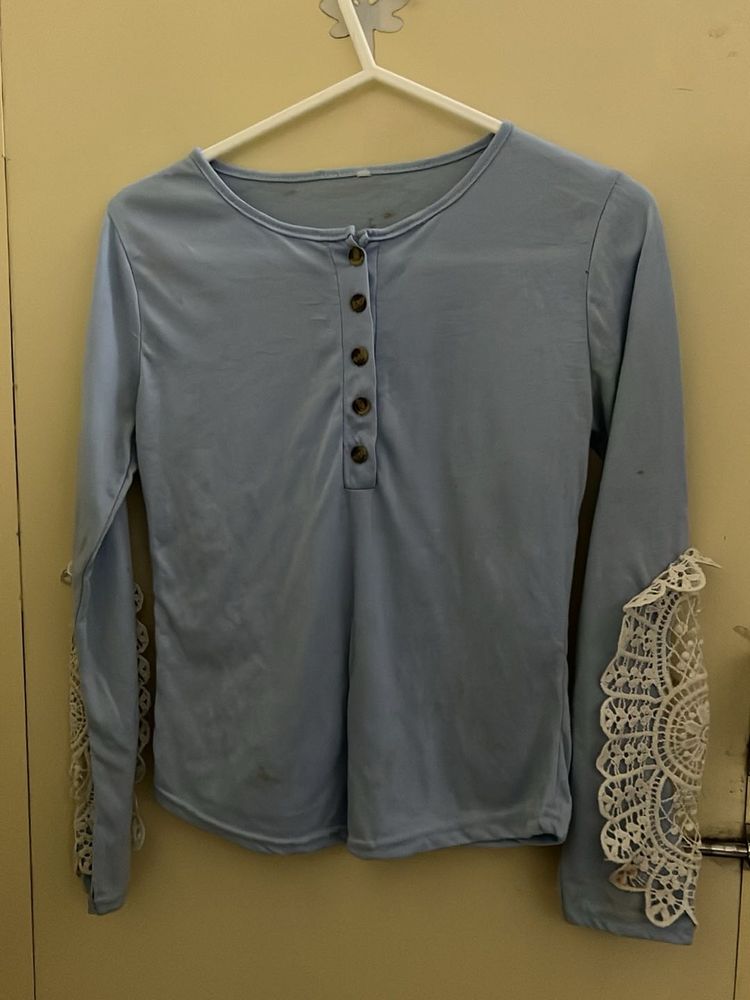 Light Blue Long Sleeve Top with Lace