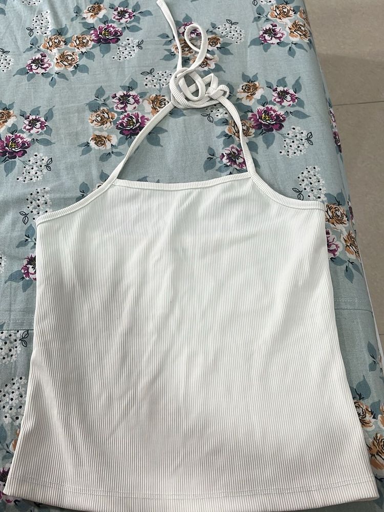 White Halter Neck Ribbed Tank Top