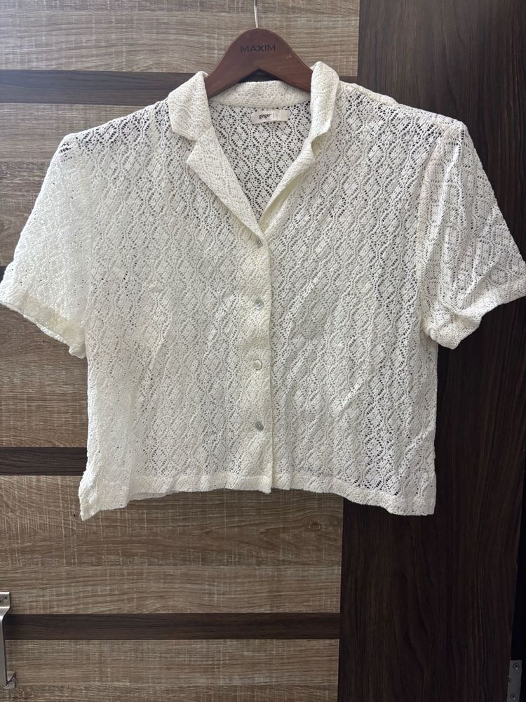 Sheer Lace Button-Up Blouse &amp; shorts