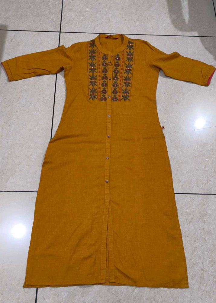 Mustard Yellow Embroidered Kurta