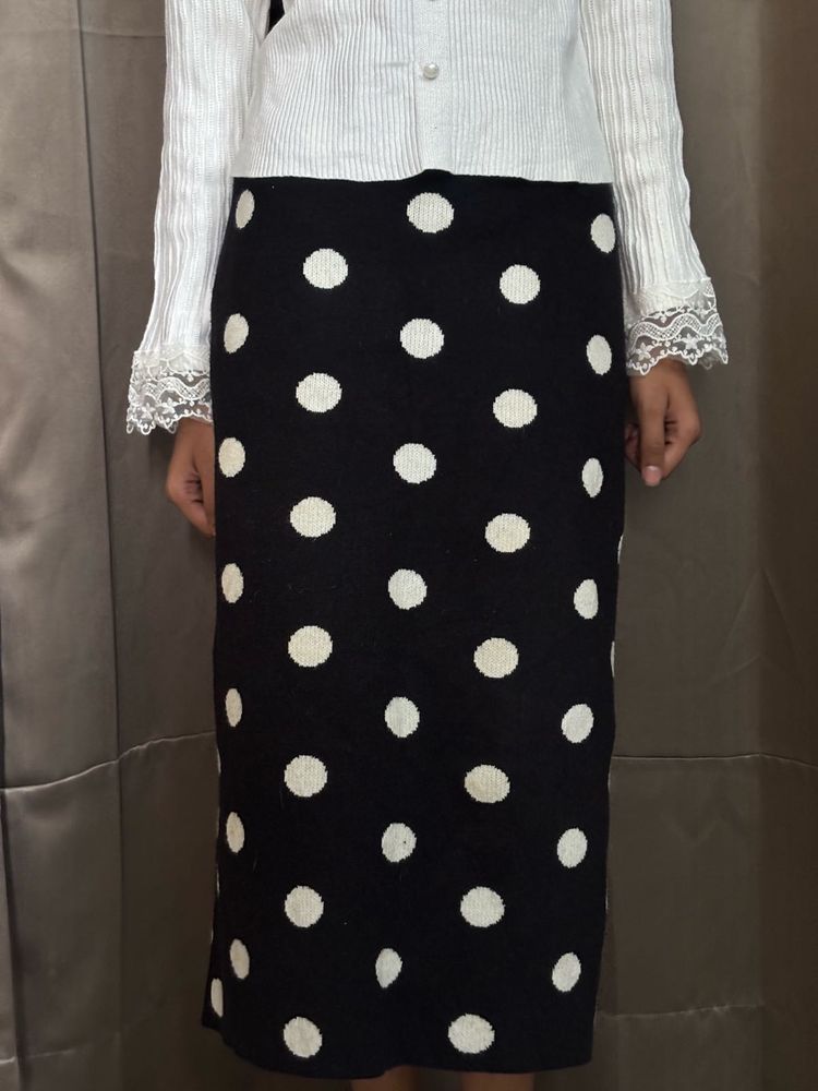 Polka Dot Knit Midi Stretchable Skirt