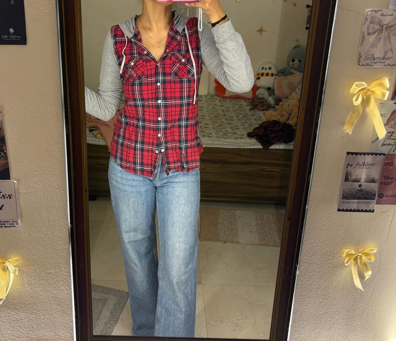 Red Plaid Button-Up Shirt with Grey Sleeves