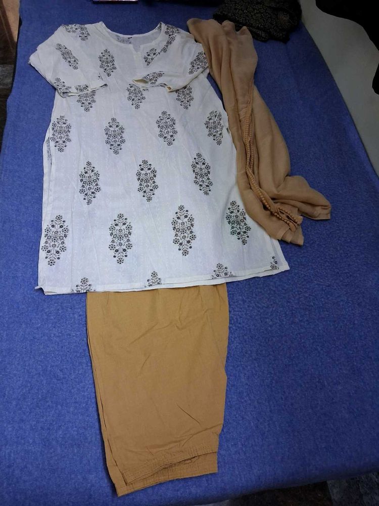 White Kurta Set with Brown Pants &amp; Dupatta