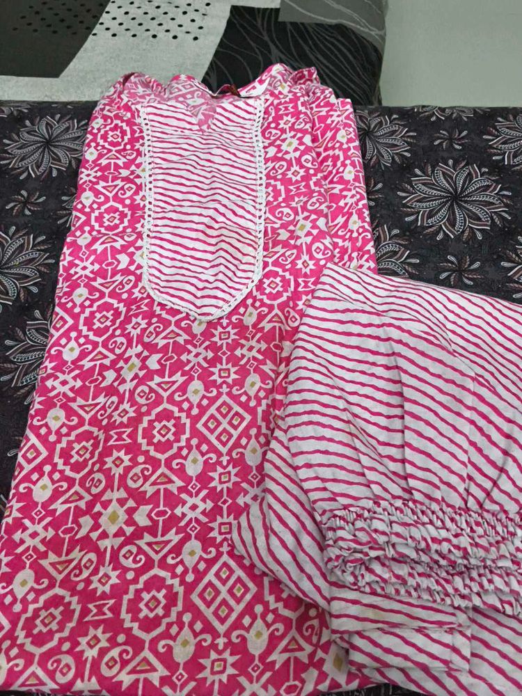 Vibrant Pink Kurta Set with Striped Pants