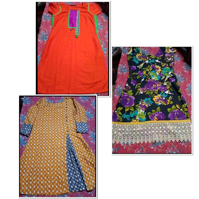 3 Ladies Kurtas - Orange, Floral, Yellow/Blue
