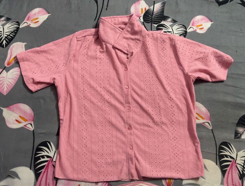Pink Eyelet Short Sleeve Button-Up Shirt