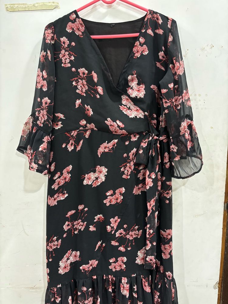 Black dress with pink floral print