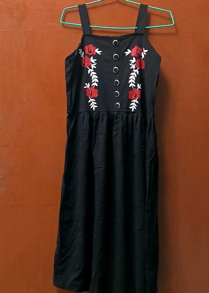 Black Floral Print Button Front Dress