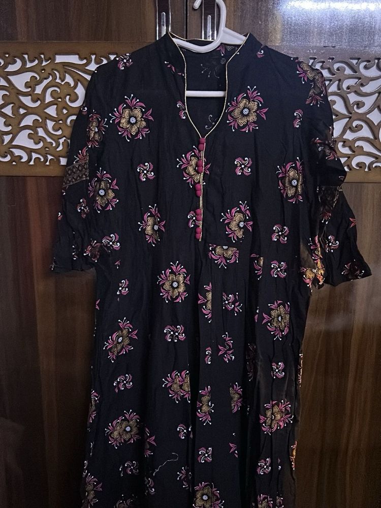 Black Long Floral Print Kurta with bell sleeves