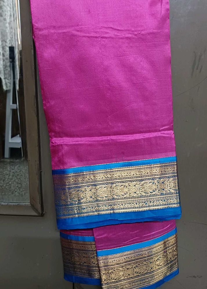 Pink Silk Saree- Blue Border with Blouse piece