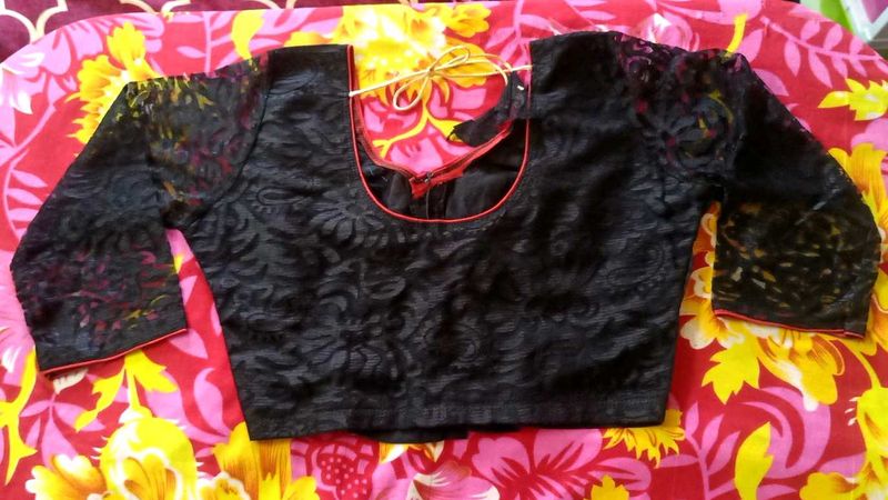 Black Netted  Blouse With Red Piping