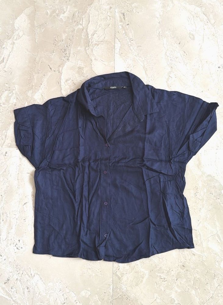 Navy Blue Button-Up Short Sleeve Top