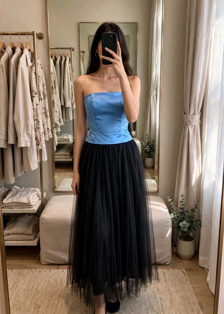 Chic Blue Corset &amp; Black Tulle Skirt Set